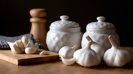 Garlic and ceramic kitchen containers on wooden table with rustic food preparation scene