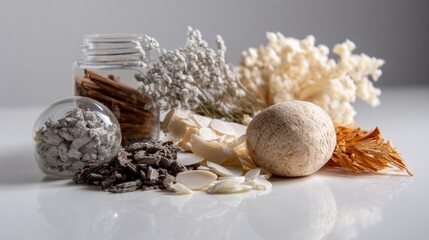 Natural spa objects including mushrooms and herbs arranged on wood for wellness theme background