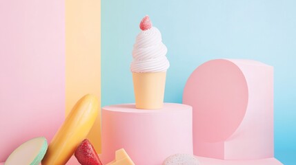 Colorful pastel ice cream setup with geometric blocks and macarons for summer dessert theme