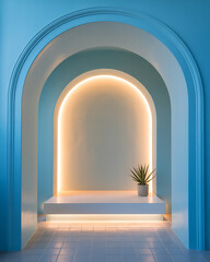 Serene blue arches with warm incandescent lighting and a single potted plant