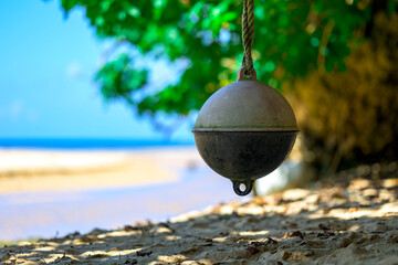  木陰から望む浜辺に浮かぶ古びた浮き玉が印象的な景観