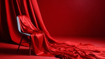 Red draped fabric over chair in dramatic lighting for elegant fashion or interior backdrop