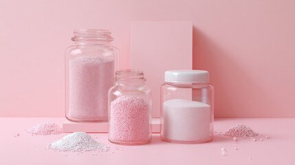 Pink cosmetic powders and jars arranged on monochrome background for skincare or beauty theme