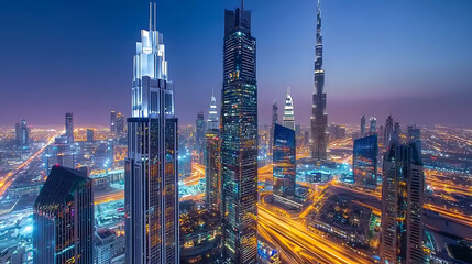 Obraz premium The city is lit up with bright lights, creating a vibrant