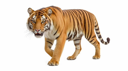 Obraz premium Majestic Bengal Tiger Isolated on White Background – Wildlife Predator Stock Photo