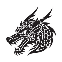 Black and white vector style illustration of a fierce dragon head in profile view. 