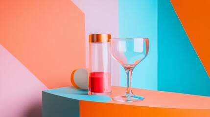 Modern composition with glass and bottle on colorful geometric background for minimal beverage concept