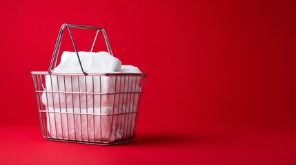 Mini metal basket with cotton towels against red background for laundry or household concept