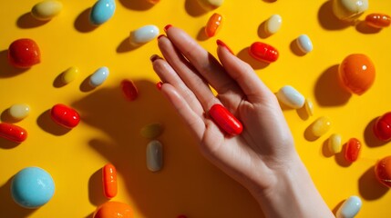 Hand holding red capsule with colorful scattered pills on yellow background for pharmaceutical theme