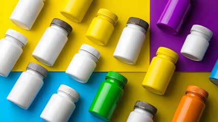 Colorful plastic supplement bottles scattered on yellow surface for pharmaceutical packaging concept