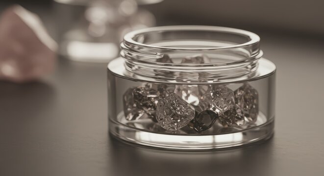 Treasured Brilliance: A Glass Jar of Faceted Diamonds in Soft, Diffused Light
