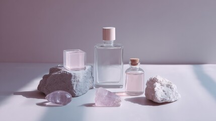 Clear perfume bottles and pink bath salts on pastel surface for feminine beauty branding concept