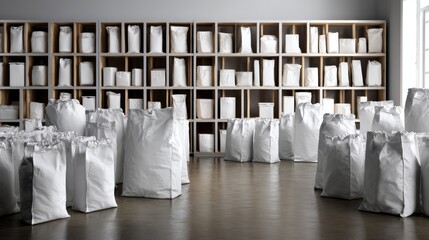 Warehouse room with many white bags and modern shelving system for bulk storage concept