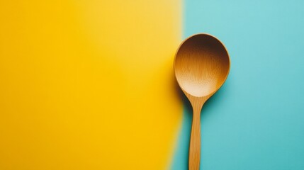 Wooden spoon centered on yellow and blue background for minimalist kitchen or food concept