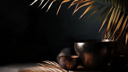 Dark spa setting with copper bowls and tropical palm shadow for wellness relaxation background concept