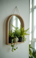 Arched wooden mirror with built in shelf displaying lush green potted plants