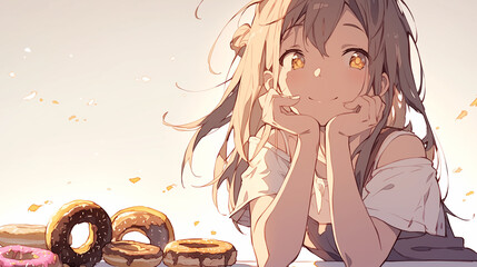 Smiling Anime Girl Gazing at Donuts in Warm Light