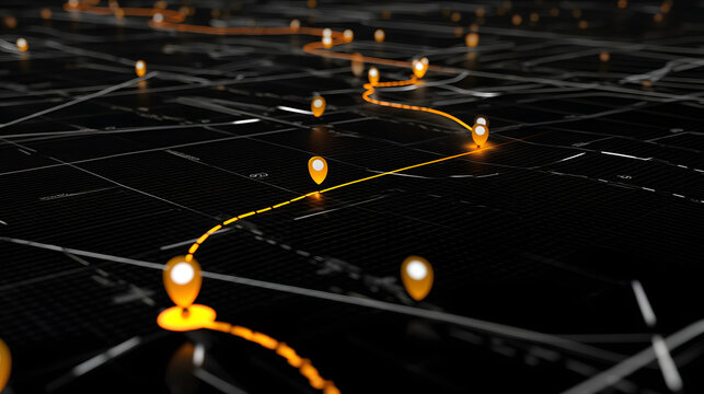 Route Map Visualization: A network of interconnected gold location markers, tracing a path across a detailed abstract map, vividly portraying a sense of journey, progress, and seamless navigation.