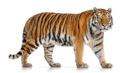 Obraz premium Tiger walks, orange fur and black stripes, against a plain white background