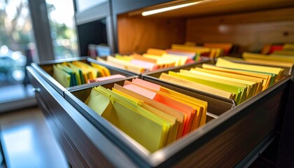 Colorful files neatly organized in drawers.
