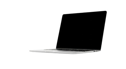 Angled view of a modern laptop computer with a black screen, isolated on white background.