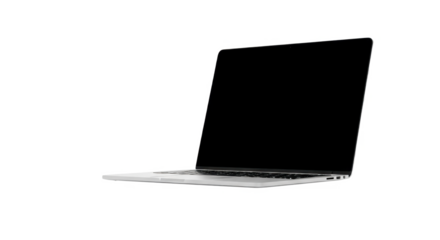 Angled view of a modern laptop computer with a black screen, isolated on white background.