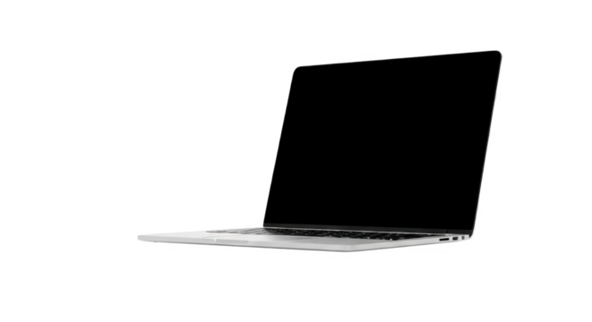 Angled view of a modern laptop computer with a black screen, isolated on white background. - Powered by Adobe