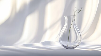 Elegant transparent vase with single twig casting shadow on silky white backdrop for decor minimal concept