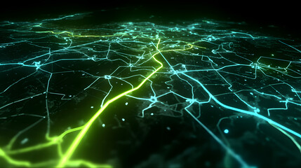 Illuminated Network: A captivating aerial view of a network of illuminated pathways and connections against a deep backdrop, symbolizing digital communication and data flow.