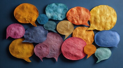 A collection of colorful speech bubbles arranged closely together, representing communication and dialogue in a vibrant display.