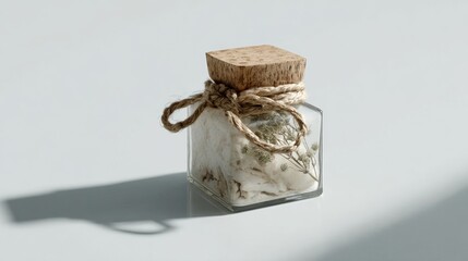 Tiny glass jar with cork and bow tie ribbon on white background for gift message storage concept