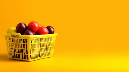 Yellow plastic shopping basket with apples on vibrant background for groceries fruit health nutrition market concept