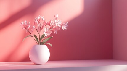 Pink vase with artificial cherry blossoms in corner lighting setup for decor home photography scene concept