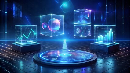 Holographic data display with glowing cubes and charts on a futuristic platform