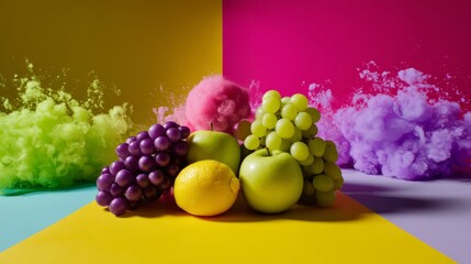 Assorted fruit and colorful smoke on vibrant background for food art surreal creative explosion concept