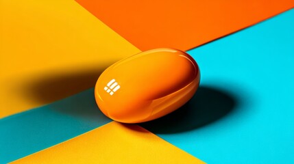 Single orange pill on multicolored background for pharmaceutical medical design health care bold concept