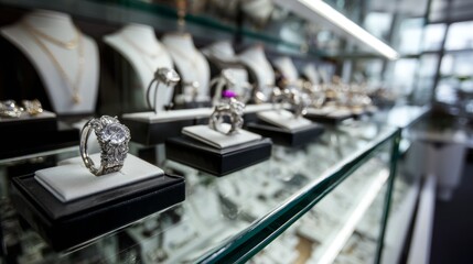 Luxury diamond rings in glass display at jewelry store for fashion retail high-end product concept elegance