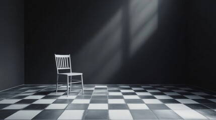 White chair in dark room with checkered floor and spotlight for drama theater minimal design concept