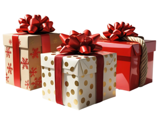 Photorealistic 3/4 angle shot of three Christmas gift boxes (kraft with red snowflakes + cream with gold polka dots + glossy red with jute rope), red satin bows, arranged with one box slightly...