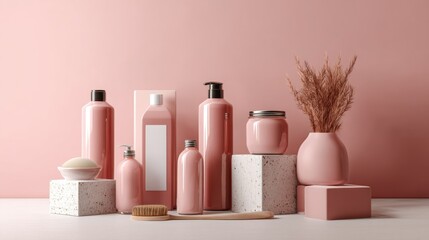 Minimal pink and peach skincare product display with vases and branches for beauty home spa concept
