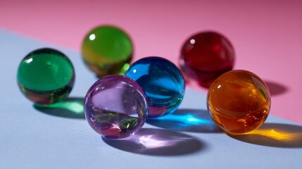 Colorful transparent glass marbles on pastel background with shadows for playful decorative vibrant design concept