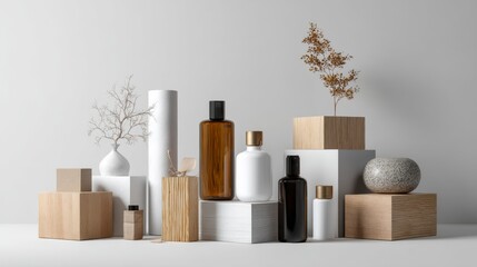 Wooden boxes and minimal ceramic decor on neutral background for modern branding spa beauty product concept
