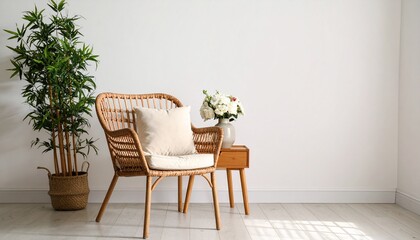 Fototapeta premium A stylish rattan armchair with a soft cushion sits beside a potted plant and a small wooden table with a vase of flowers against a white wall.