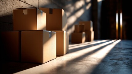 Corridor filled with cardboard boxes and sunlight for warehouse logistics delivery storage moving industry concept