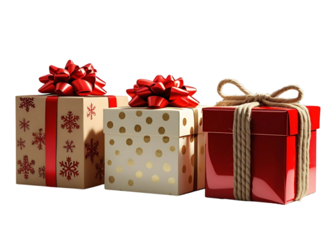 Photorealistic 3/4 angle shot of three Christmas gift boxes (kraft with red snowflakes + cream with gold polka dots + glossy red with jute rope), red satin bows, arranged with one box slightly...