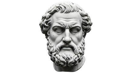 Ancient Greek Philosopher Bust Statue, White Marble Sculpture with Detailed Beard and Hair, Classical Art Isolated on White Background