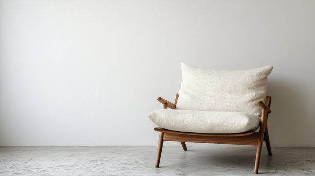 Minimalist chair and pillow in white room with wooden floor for interior design calm lifestyle concept