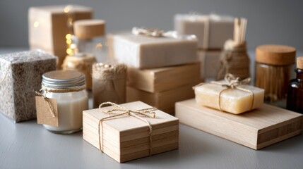 Rustic wooden box packaging with organic jars and craft elements for eco friendly product branding visuals