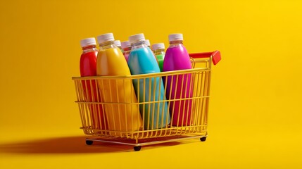 Colorful plastic bottles in shopping cart on yellow background for retail packaging consumer branding concept