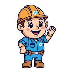 Animated Builder Character: A cheerful animated builder character, wearing a hardhat and workwear, waves hello with a friendly gesture, capturing a welcoming atmosphere and profession